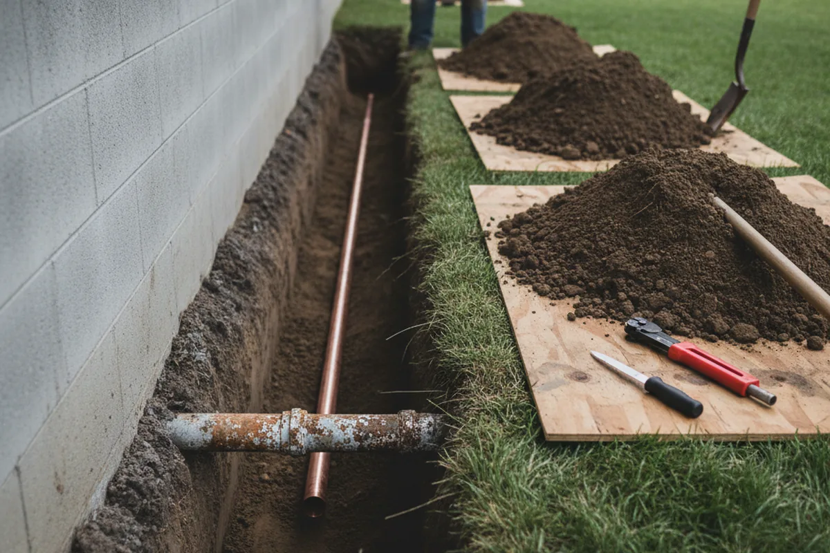 Excavated water line trench during Sewer Line Repair in Lenox